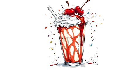 A fun, hand-drawn illustration of a whipped cream-topped milkshake with cherries, dripping syrup, and colorful sprinkles on a clean white background.