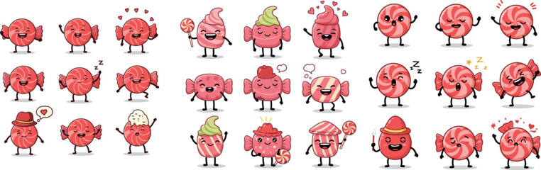 Cartoon candy characters with various expressions and toppings