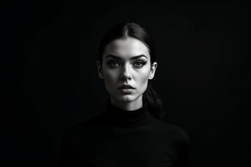 Fototapeta premium Dramatic monochrome portrait of woman in black outfit with dark background