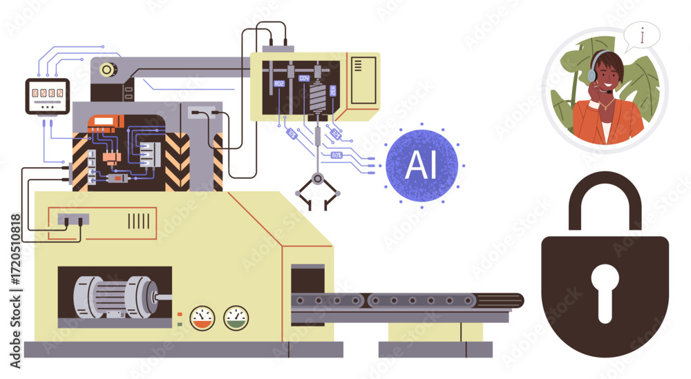 Poster automated machine with ai connectivity, robotic arm, padlock for cybersecurity, human operator. idea