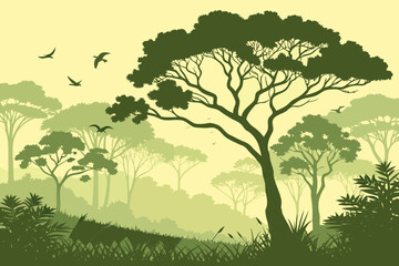 Lush jungle scene with birds flying through the trees, sunlight streaming through the canopy, a vibrant nature backdrop for adventure and tranquility