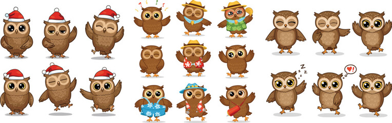 Cartoon owls collection. Owls wearing santa hats, hats, hawaiian shirts, and overalls with different poses and emotions