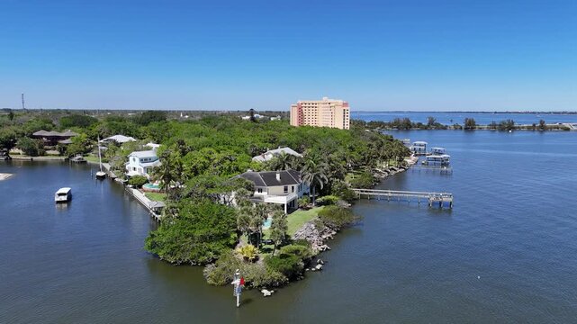 Entrance to the Eau Gallie Yacht Harbor basin at Ballard Park along the Indian River in Brevard County in Melbourne, Florida. 