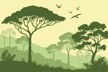 Obraz premium Enchanting forest scene with birds flying through sunlit trees, a peaceful nature escape, evoking tranquility and adventure in a wild landscape