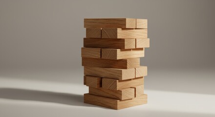A meticulously stacked collection of light brown wooden blocks, creating a visually appealing and stable structure against a neutral backdrop.