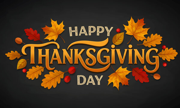 Happy Thanksgiving Day Celebration with Autumn Leaves and Festive Typography