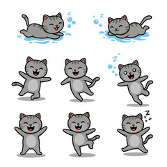 Cartoon sleeping and dancing gray tabby cat set