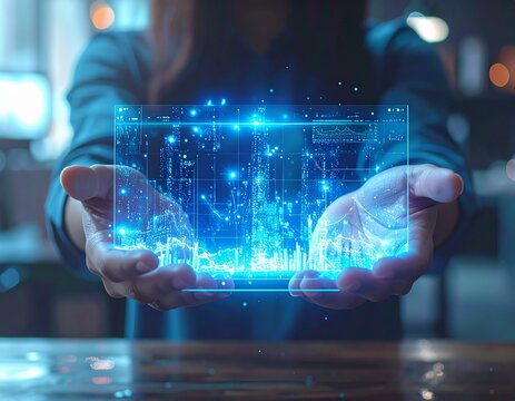 Photo-realistic image of hands holding a transparent holographic display with data streams, soft blue glow, human skin tones, modern desk background blurred, ambient lighting, subtle futuristic UI ele