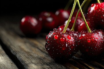Close-up of wet cherries on dark wood