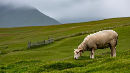 Obraz premium Sheep grazing on green meadow with mountain landscape in background