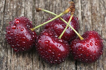 Fresh, glistening cherries on weathered wood