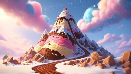 Colorful ice cream mountain with a cherry on top surrounded by candy and fluffy clouds