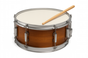 Snare drum with drumstick lying on top, percussion instrument for music and rhythm creating