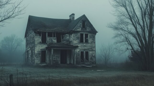 Eerie Abandoned House in Misty Fog