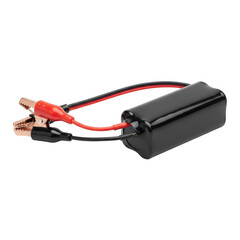 Black battery pack with alligator clips connected for electrical circuit testing