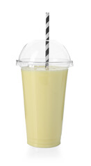Tasty milkshake in plastic cup isolated on white