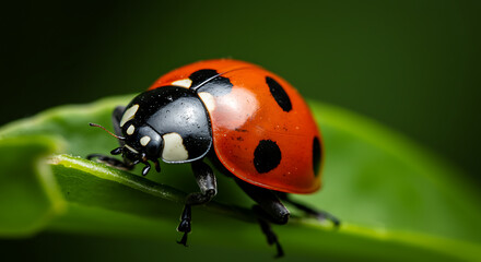 Fototapeta premium Red Ladybug with Black Spots on Green Leaf Macro