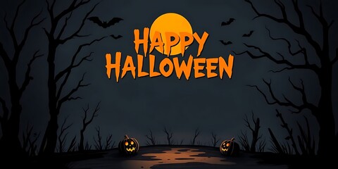 A spooky animated Halloween scene with a glowing moon, sinister trees, flying bats, and "Happy Halloween" text.