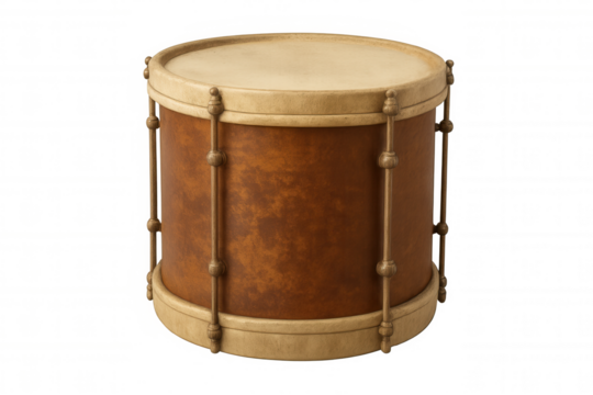 Vintage drum displaying musical instrument craftsmanship, brown leather texture, and classic percussion design on transparent background - Powered by Adobe