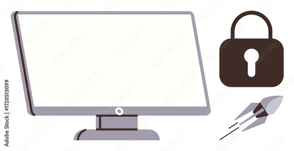 Poster blank computer screen alongside lock for cybersecurity and rocket for innovation. ideal for technolo