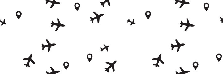 seamless travel pattern with airplanes location pins and dotted flight paths vector background