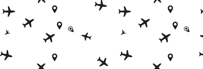 seamless aviation pattern with airplanes flight trails and map pins repeatable vector design