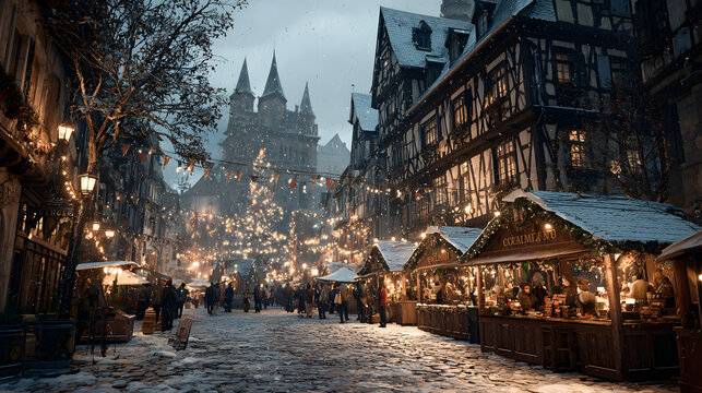 Christmas market under the snow in France, in Strasbourg, Alsace