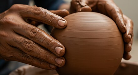 Skilled hands shape a sphere of clay on a potter's wheel, showcasing the artistry of traditional craft.