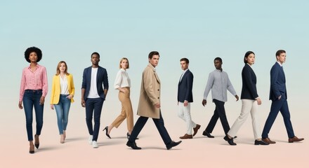 Obraz premium Diverse Professional People Walking Forward on Gradient Background