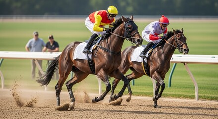 Fast Brown Horse Racing with Jockeys on Track Sunny Outdoor Scene