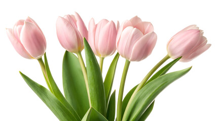 Fototapeta premium A close up view of a bouquet of five light pink tulips with green stems against a black background