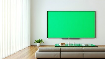 Modern living room interior with large green screen TV, minimalist furniture, and natural light.