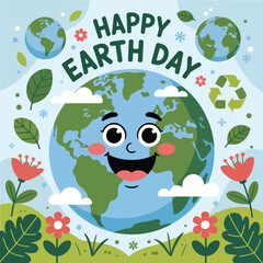 Happy Earth Day cartoon planet with flowers and leaves