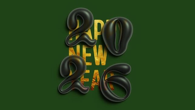 Horizontal 4K video. Animation for winter holiday. Black plastic hand drawn 3D volumetric numbers 2026 falling on green. Gold bright shiny shining text Happy New Year. Liquid letter 2, 0, 6. Bold font