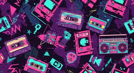 Retro Cassette Tape and Boombox Pattern in Vivid Neon Colors