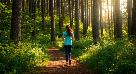 Woman running on a forest trail at sunset