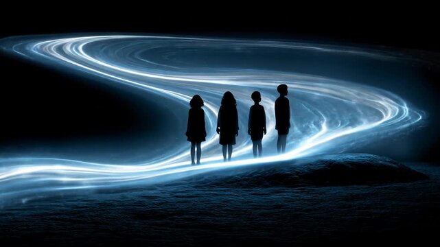 Silhouetted figures stand before a swirling, glowing blue cosmic entity. A dark, textured landscape
