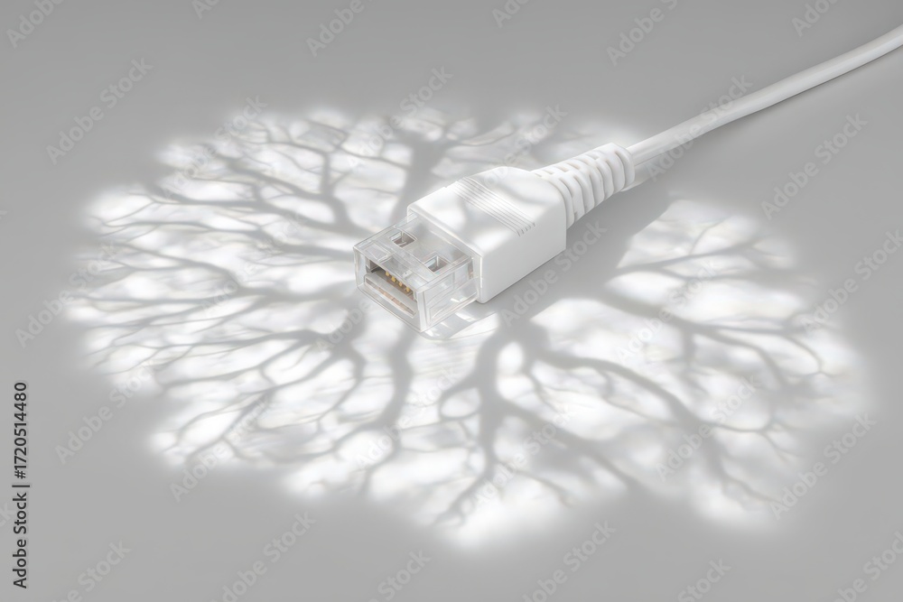 Poster unique white usb connector generating intricate tree-like shadows on a smooth surface representing d