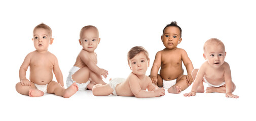 Adorable babies in diapers on white background