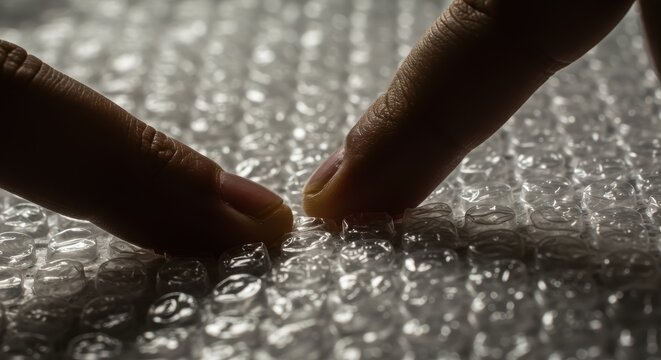Close-up view of fingers pressing on a protective bubble wrap surface, showcasing the texture and delicate nature of the material. - Powered by Adobe