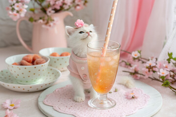 A cute adorable domestic white cat drinking juice with straw, cute white pet 