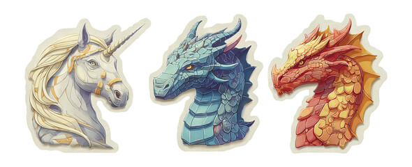 Obraz premium Colorful Fantasy Creatures in Art Style with Unicorn and Dragon Heads