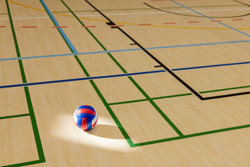 Red, white, blue volleyball sitting under overhead light on gym floor with colored court markings