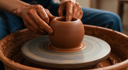 Skilled hands meticulously shape a clay pot on a spinning pottery wheel.