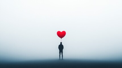 Lonely figure with red heart balloon in fog