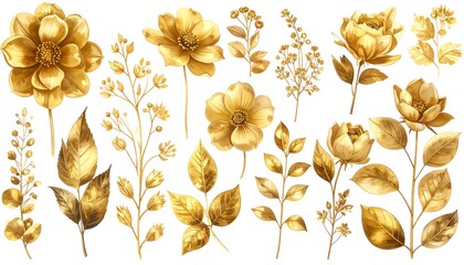 Golden Floral Decorative Elements for Design Projects
