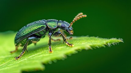 Fototapeta premium Emerald Jewel Beetle on a Leaf: A Macro Photography Masterpiece