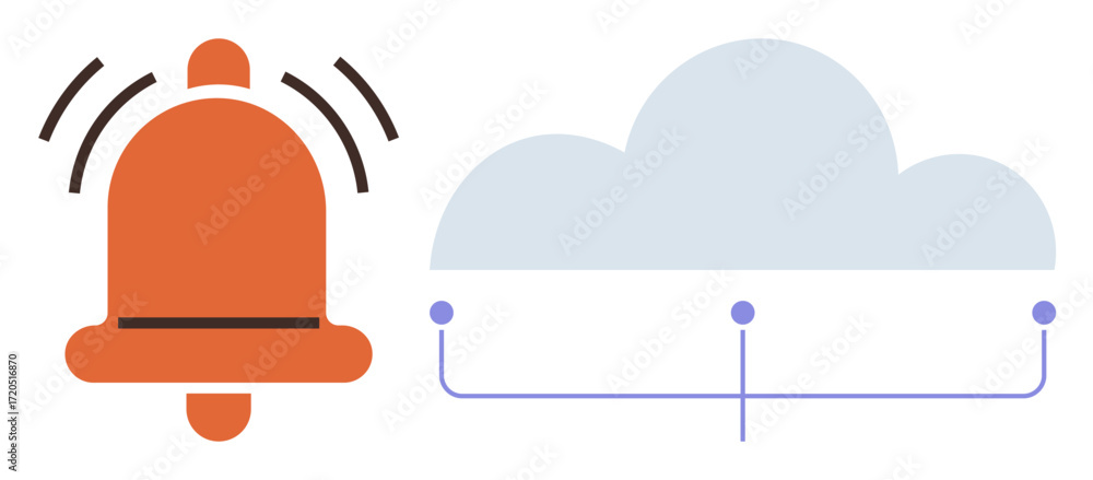 Poster ringing orange bell paired with a cloud connected by three points, representing communication, data 