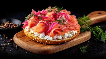 Savory salmon bagel delight gourmet kitchen food photography black background close-up culinary art