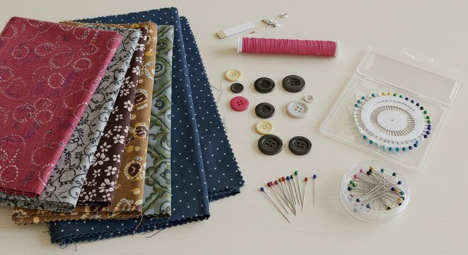 A collection of sewing supplies including colorful fabric swatches, buttons, pins, and thread on a white surface.